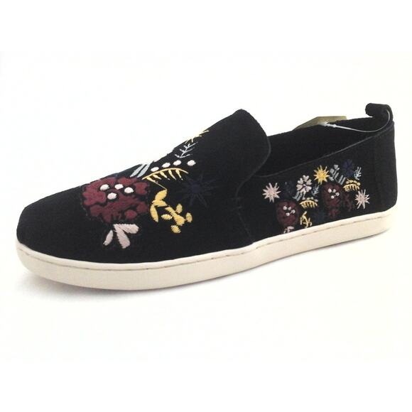 TOMS Alpargata Black Suede Floral Embroidered Slip On Flats Size 8.5 Boho - Picture 1 of 13